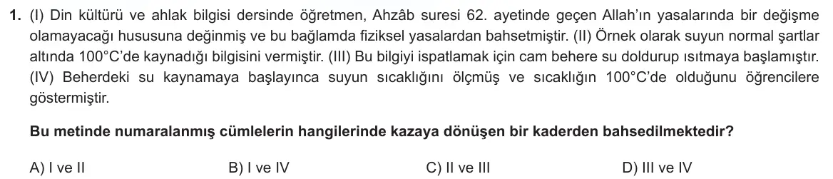 LGS Örnek Soruları Şubat 2024 Sözel Din Kültürü ve Ahlak Bilgisi 1. Soru görseli