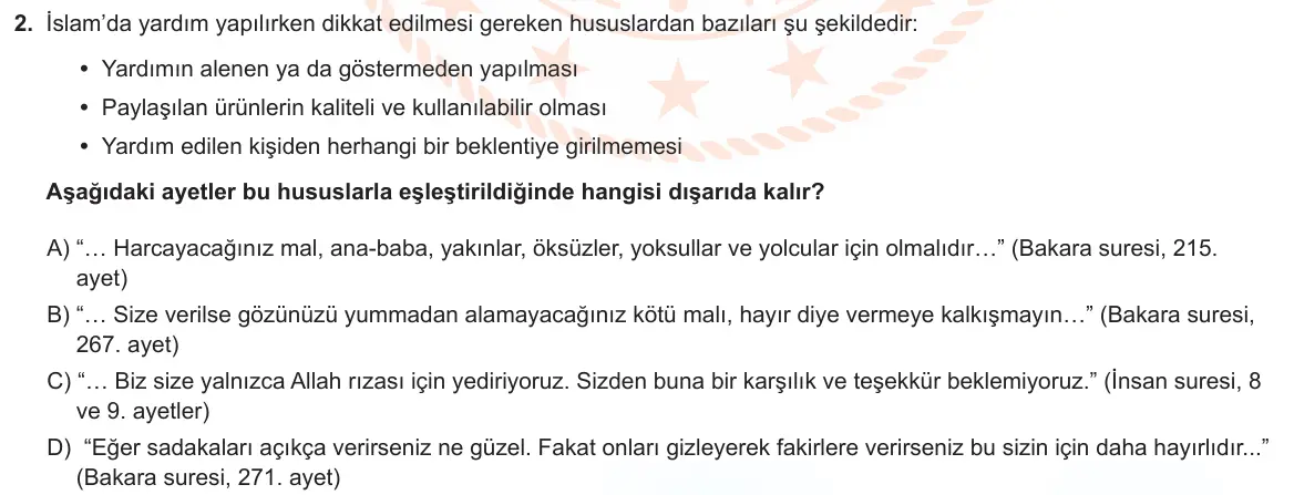 LGS Örnek Soruları Şubat 2024 Sözel Din Kültürü ve Ahlak Bilgisi 2. Soru görseli