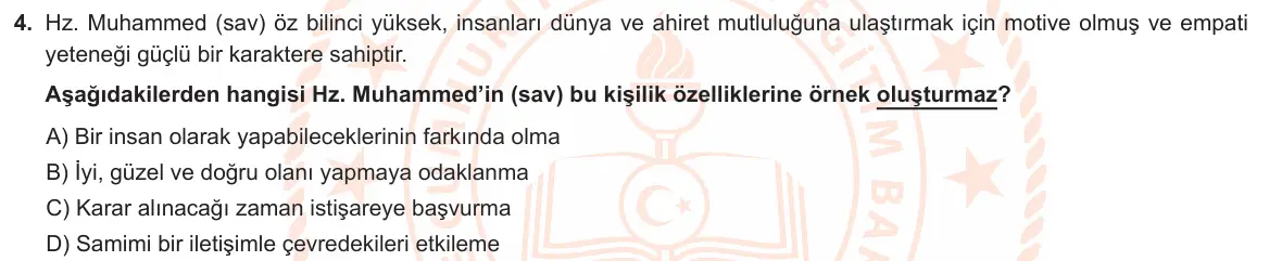 LGS Örnek Soruları Şubat 2024 Sözel Din Kültürü ve Ahlak Bilgisi 4. Soru görseli
