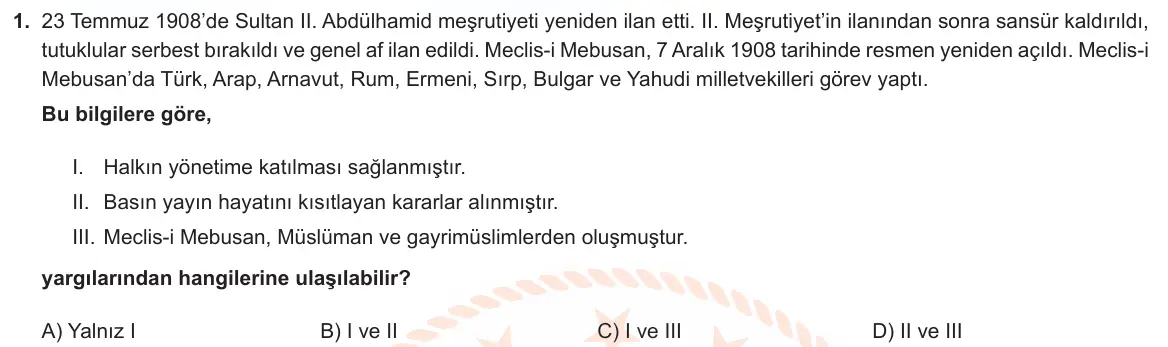 LGS Örnek Soruları Şubat 2024 Sözel T.C. İnkılap Tarihi ve Atatürkçülük 1. Soru görseli