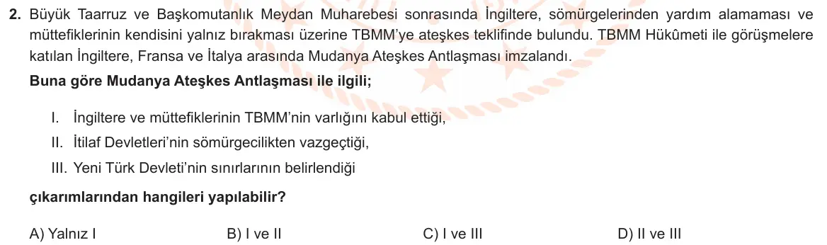 LGS Örnek Soruları Şubat 2024 Sözel T.C. İnkılap Tarihi ve Atatürkçülük 2. Soru görseli