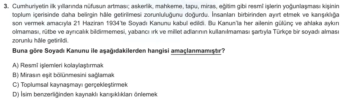 LGS Örnek Soruları Şubat 2024 Sözel T.C. İnkılap Tarihi ve Atatürkçülük 3. Soru görseli