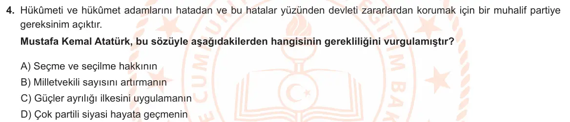 LGS Örnek Soruları Şubat 2024 Sözel T.C. İnkılap Tarihi ve Atatürkçülük 4. Soru görseli