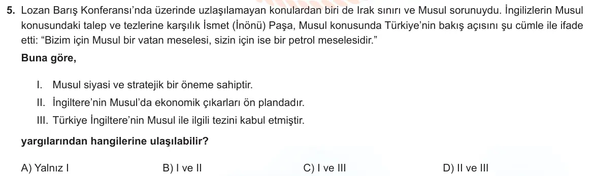 LGS Örnek Soruları Şubat 2024 Sözel T.C. İnkılap Tarihi ve Atatürkçülük 5. Soru görseli