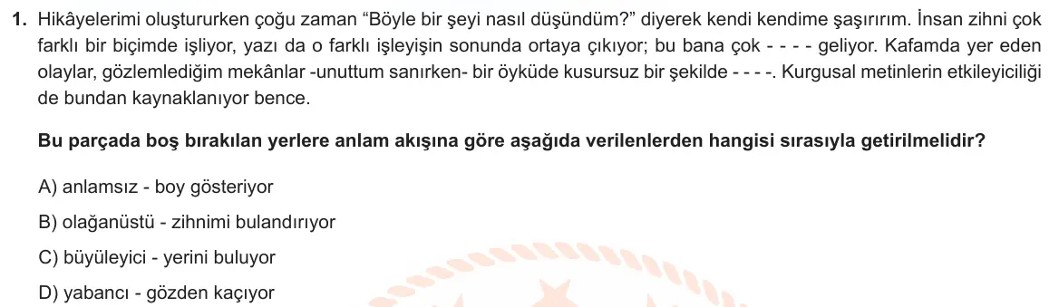 LGS Örnek Soruları Şubat 2024 Sözel Türkçe 1. Soru görseli