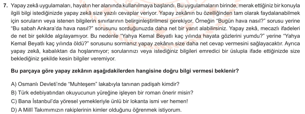 LGS Örnek Soruları Şubat 2024 Sözel Türkçe 7. Soru görseli