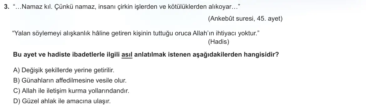 LGS Örnek Soruları Kasım 2024 Sözel Din Kültürü ve Ahlak Bilgisi 3. Soru görseli