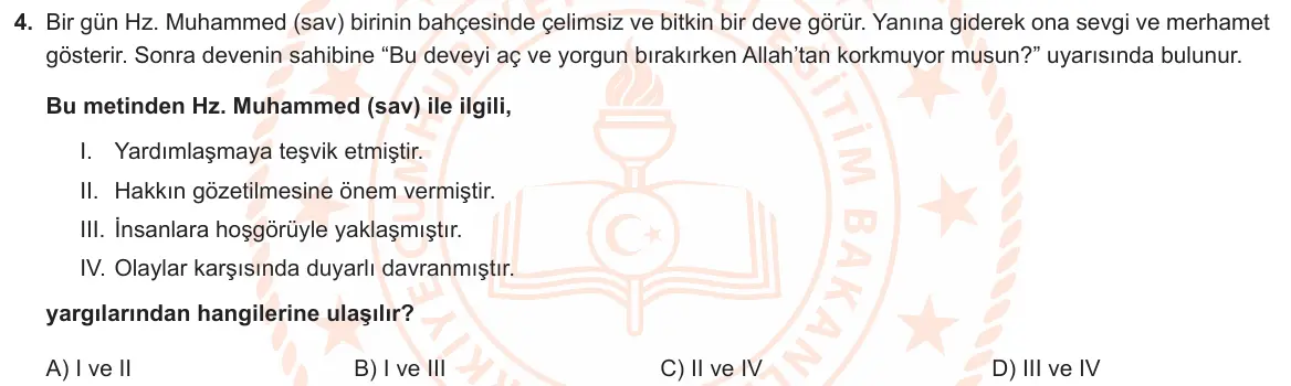 LGS Örnek Soruları Kasım 2024 Sözel Din Kültürü ve Ahlak Bilgisi 4. Soru görseli