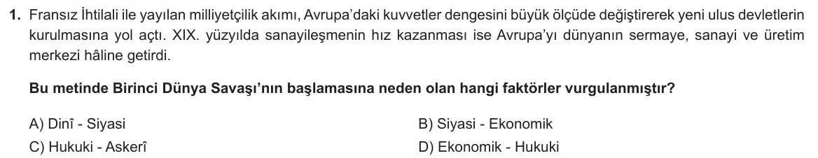 LGS Örnek Soruları Kasım 2024 Sözel T.C. İnkılap Tarihi ve Atatürkçülük 1. Soru görseli
