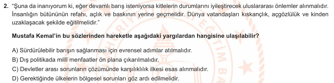 LGS Örnek Soruları Kasım 2024 Sözel T.C. İnkılap Tarihi ve Atatürkçülük 2. Soru görseli