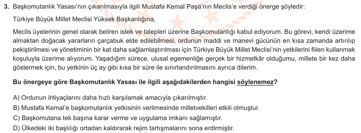 LGS Örnek Soruları Kasım 2024 Sözel T.C. İnkılap Tarihi ve Atatürkçülük 3. Soru görseli