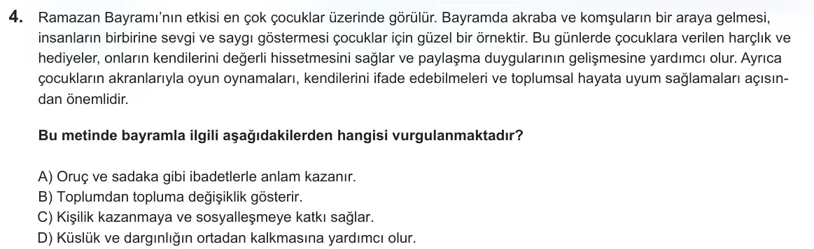 LGS Örnek Soruları Nisan 2025 Sözel Din Kültürü ve Ahlak Bilgisi 4. Soru görseli