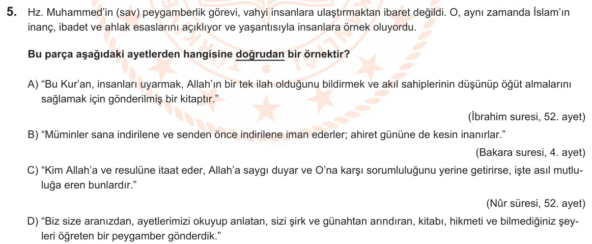 LGS Örnek Soruları Nisan 2025 Sözel Din Kültürü ve Ahlak Bilgisi 5. Soru görseli