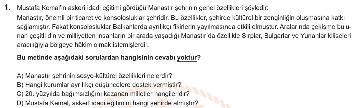 LGS Örnek Soruları Nisan 2025 Sözel T.C. İnkılap Tarihi ve Atatürkçülük 1. Soru görseli