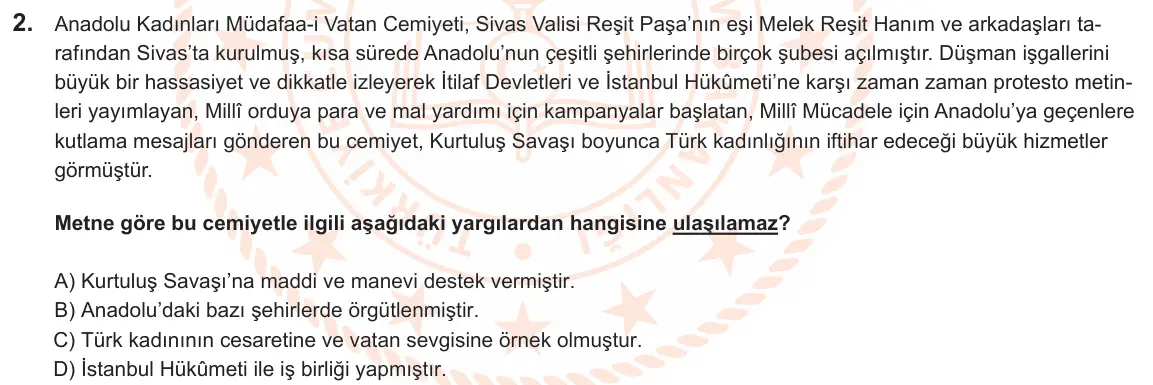LGS Örnek Soruları Nisan 2025 Sözel T.C. İnkılap Tarihi ve Atatürkçülük 2. Soru görseli