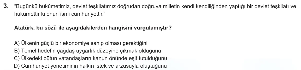 LGS Örnek Soruları Nisan 2025 Sözel T.C. İnkılap Tarihi ve Atatürkçülük 3. Soru görseli