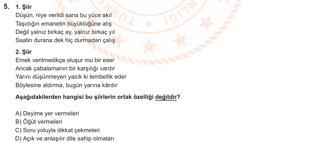 LGS Örnek Soruları Nisan 2025 Sözel Türkçe 5. Soru görseli
