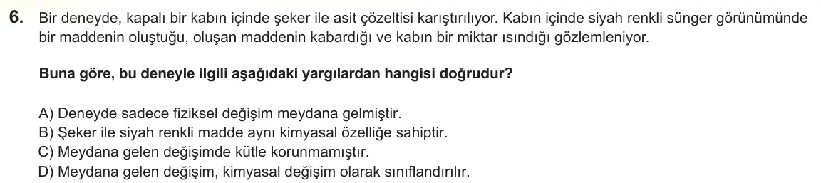 LGS Örnek Soruları Şubat 2025 Sayısal Fen Bilimleri 6. Soru görseli