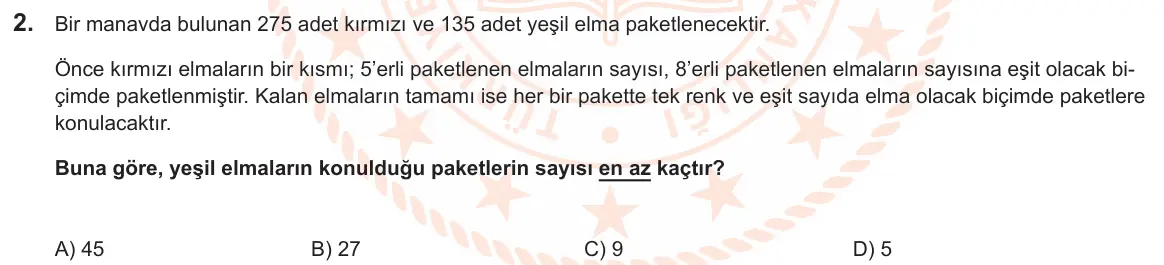 LGS Örnek Soruları Şubat 2025 Sayısal Matematik 2. Soru görseli