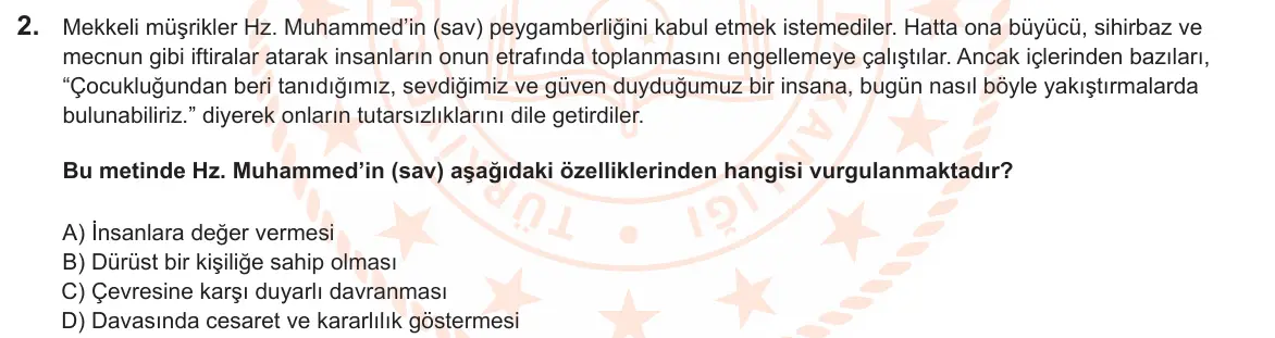 LGS Örnek Soruları Şubat 2025 Sözel Din Kültürü ve Ahlak Bilgisi 2. Soru görseli