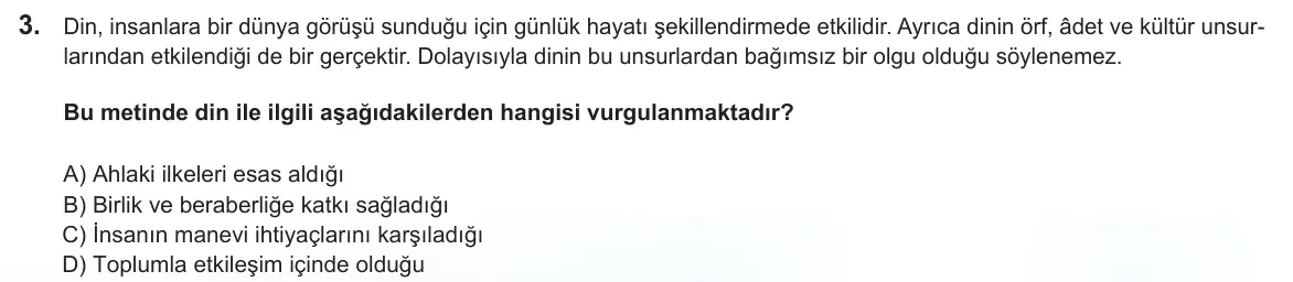 LGS Örnek Soruları Şubat 2025 Sözel Din Kültürü ve Ahlak Bilgisi 3. Soru görseli