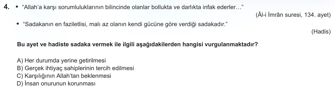 LGS Örnek Soruları Şubat 2025 Sözel Din Kültürü ve Ahlak Bilgisi 4. Soru görseli