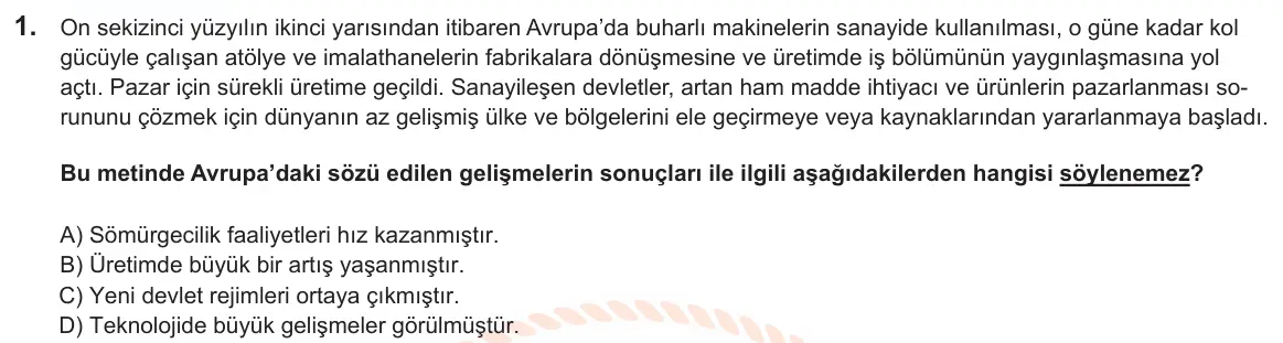 LGS Örnek Soruları Şubat 2025 Sözel T.C. İnkılap Tarihi ve Atatürkçülük 1. Soru görseli