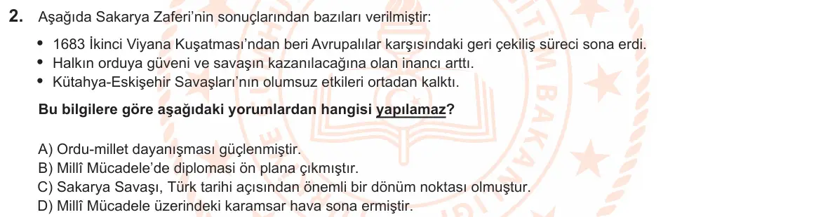 LGS Örnek Soruları Şubat 2025 Sözel T.C. İnkılap Tarihi ve Atatürkçülük 2. Soru görseli