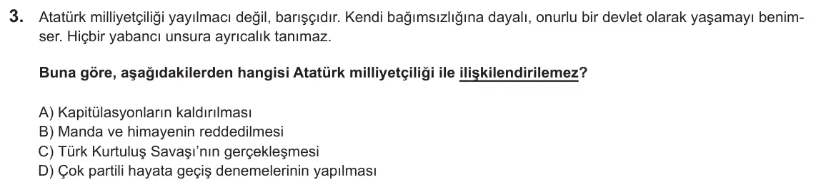 LGS Örnek Soruları Şubat 2025 Sözel T.C. İnkılap Tarihi ve Atatürkçülük 3. Soru görseli