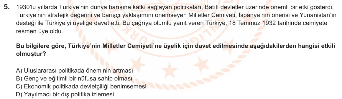 LGS Örnek Soruları Şubat 2025 Sözel T.C. İnkılap Tarihi ve Atatürkçülük 5. Soru görseli