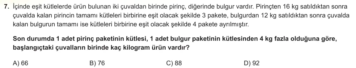 LGS Örnek Soruları Kasım 2025 Sayısal Matematik 7. Soru görseli