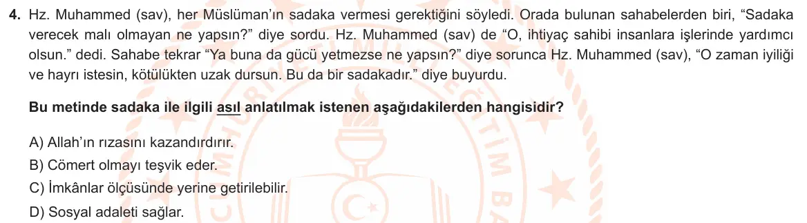 LGS Örnek Soruları Kasım 2025 Sözel Din Kültürü ve Ahlak Bilgisi 4. Soru görseli
