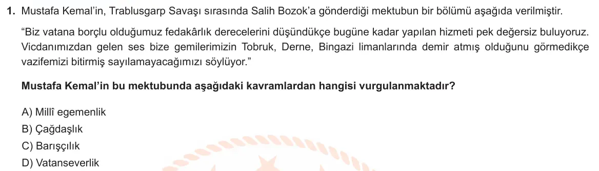 LGS Örnek Soruları Kasım 2025 Sözel T.C. İnkılap Tarihi ve Atatürkçülük 1. Soru görseli