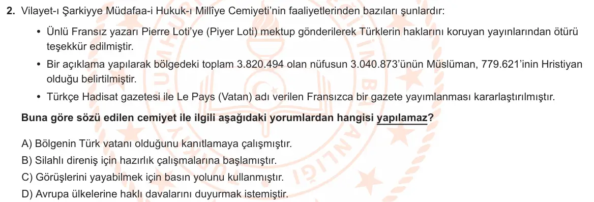 LGS Örnek Soruları Kasım 2025 Sözel T.C. İnkılap Tarihi ve Atatürkçülük 2. Soru görseli