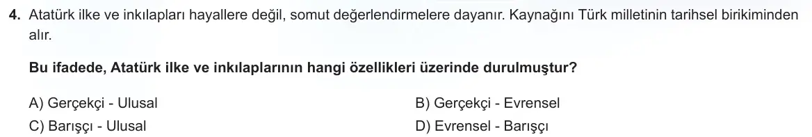 LGS Örnek Soruları Kasım 2025 Sözel T.C. İnkılap Tarihi ve Atatürkçülük 4. Soru görseli