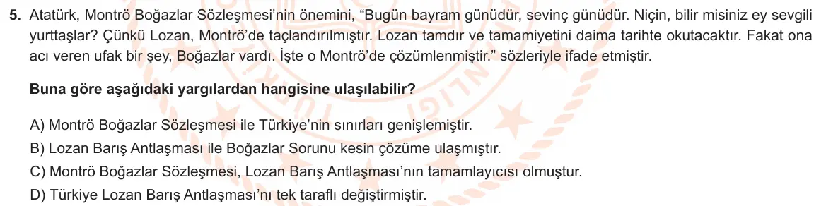 LGS Örnek Soruları Kasım 2025 Sözel T.C. İnkılap Tarihi ve Atatürkçülük 5. Soru görseli