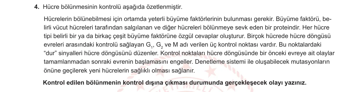 10. Sınıf Biyoloji 2023-2024 1. Dönem 1. Yazılı 2. Bölüm 4. Soru görseli