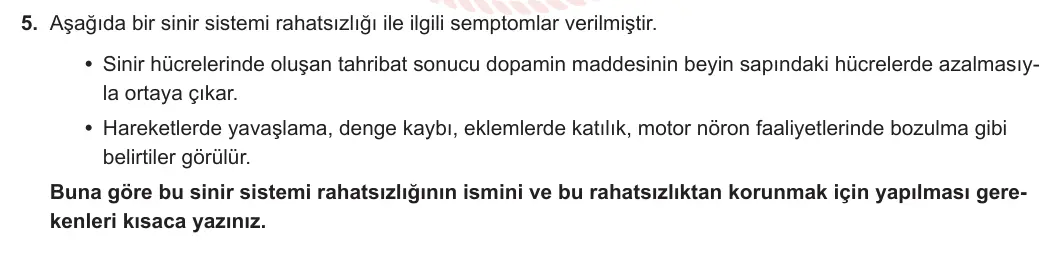 11. Sınıf Biyoloji 2023-2024 1. Dönem 1. Yazılı 1. Bölüm 5. Soru görseli