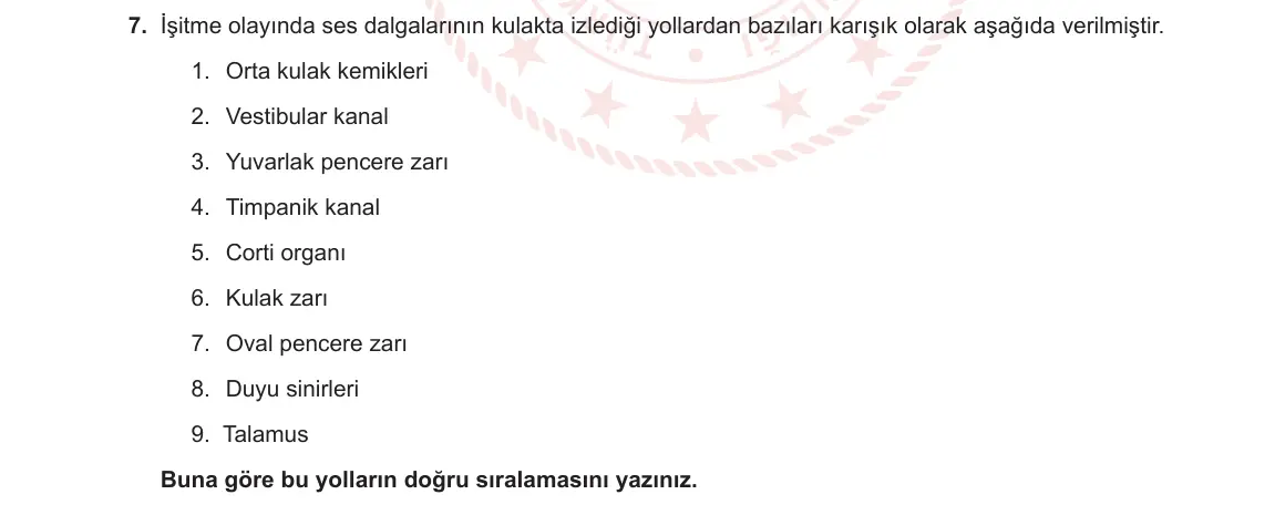 11. Sınıf Biyoloji 2023-2024 1. Dönem 1. Yazılı 1. Bölüm 7. Soru görseli
