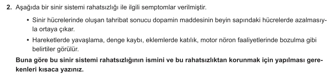 11. Sınıf Biyoloji 2023-2024 1. Dönem 1. Yazılı 2. Bölüm 2. Soru görseli