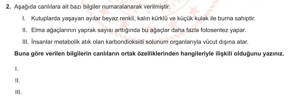 9. Sınıf Biyoloji 2023-2024 1. Dönem 1. Yazılı 1. Bölüm 2. Soru görseli