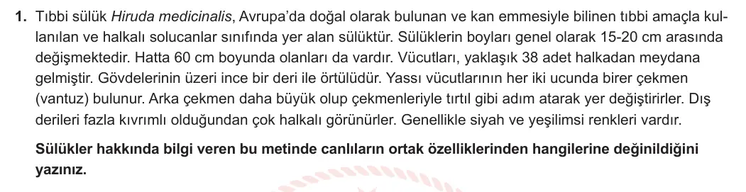 9. Sınıf Biyoloji 2023-2024 1. Dönem 1. Yazılı 2. Bölüm 1. Soru görseli