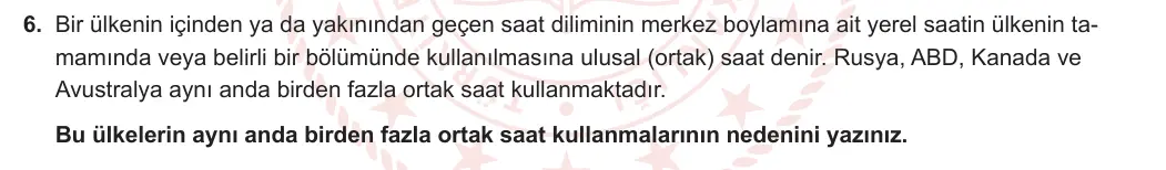9. Sınıf Coğrafya 2023-2024 1. Dönem 1. Yazılı 2. Bölüm 6. Soru görseli
