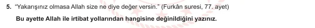 10. Sınıf Din Kültürü ve Ahlak Bilgisi 2023-2024 1. Dönem 1. Yazılı 1. Bölüm 5. Soru görseli