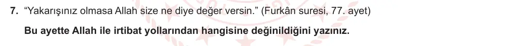 10. Sınıf Din Kültürü ve Ahlak Bilgisi 2023-2024 1. Dönem 1. Yazılı 2. Bölüm 7. Soru görseli