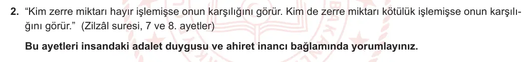 11. Sınıf Din Kültürü ve Ahlak Bilgisi 2023-2024 1. Dönem 1. Yazılı 1. Bölüm 2. Soru görseli