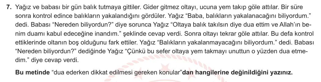 5. Sınıf Din Kültürü ve Ahlak Bilgisi 2023-2024 1. Dönem 1. Yazılı 2. Bölüm 7. Soru görseli