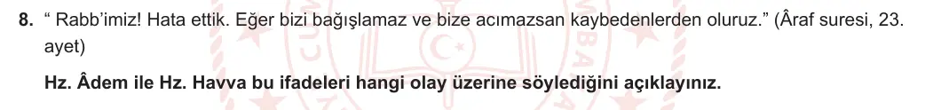 6. Sınıf Din Kültürü ve Ahlak Bilgisi 2023-2024 1. Dönem 1. Yazılı 2. Bölüm 8. Soru görseli