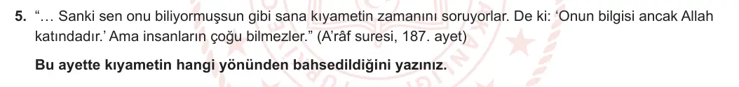 7. Sınıf Din Kültürü ve Ahlak Bilgisi 2023-2024 1. Dönem 1. Yazılı 1. Bölüm 5. Soru görseli