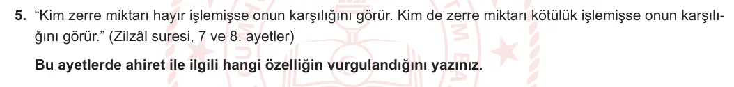 7. Sınıf Din Kültürü ve Ahlak Bilgisi 2023-2024 1. Dönem 1. Yazılı 2. Bölüm 5. Soru görseli